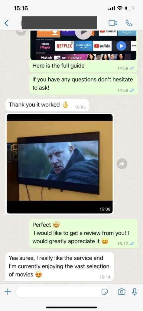 Real WhatsApp customer chat support proof with OpticTV agent 1