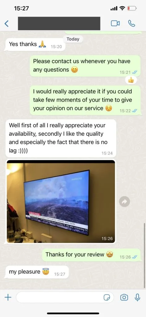 Real WhatsApp customer chat support proof with OpticTV agent 2
