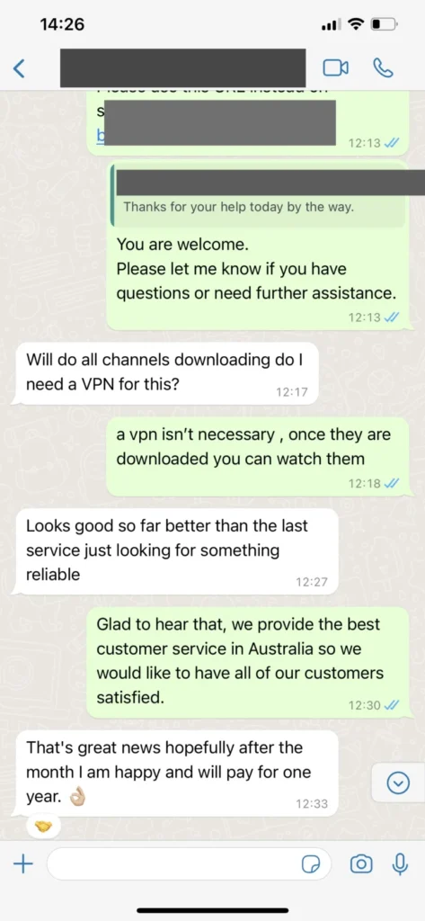 Real WhatsApp customer chat support proof with OpticTV agent 3